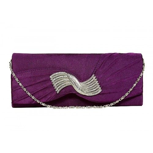 Evening Bag - Pleated Satin w/ Rhinestone Charm Accent – Purple – BG-92199PU